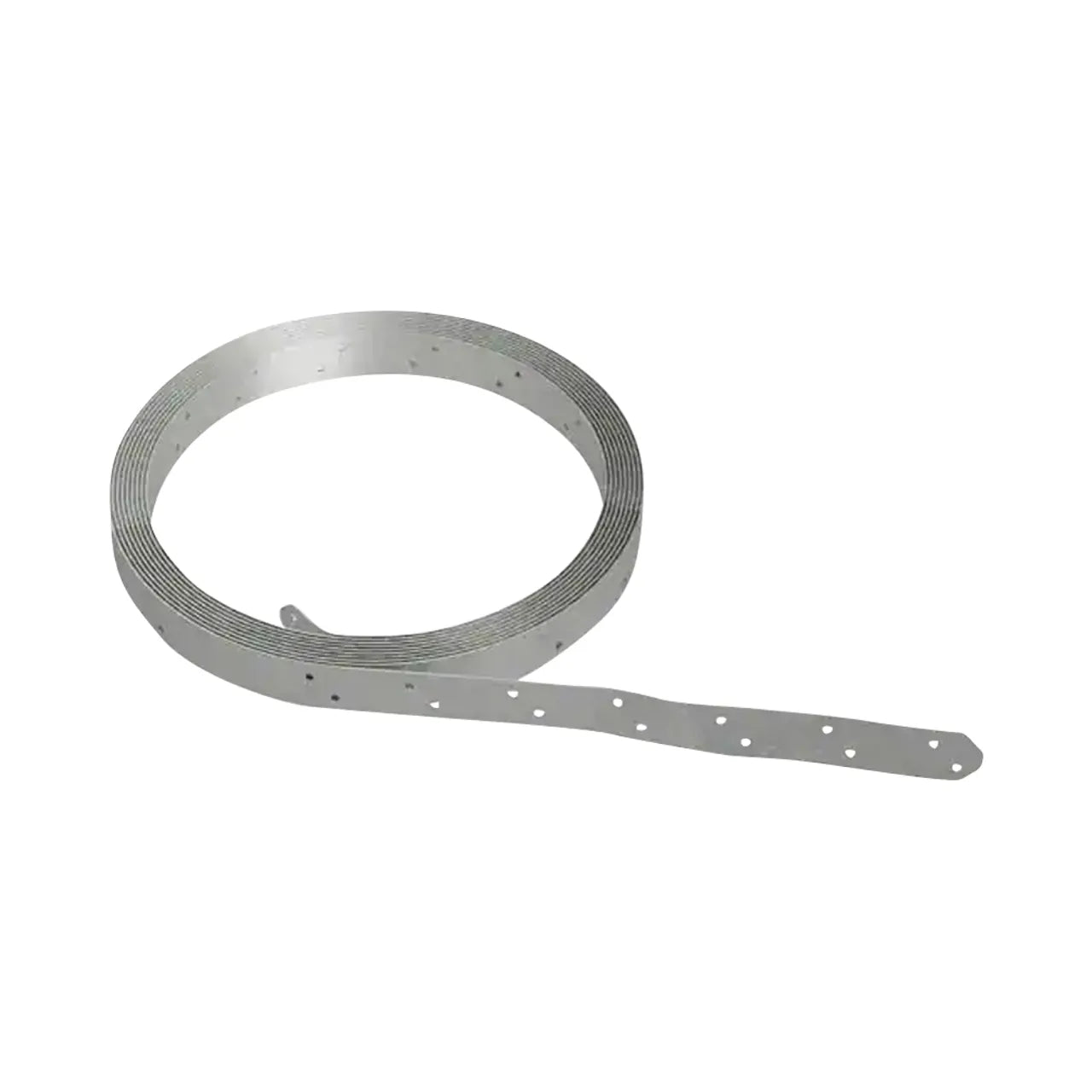 The CS 250 ft. 20 Ga Galvanized Coiled Strap by Go Build, The Fastest Way to Build, is a partially unrolled flat silver strip of galvanized steel featuring evenly spaced small holes, showcasing the robust design typical of Simpson Strong-Tie products.